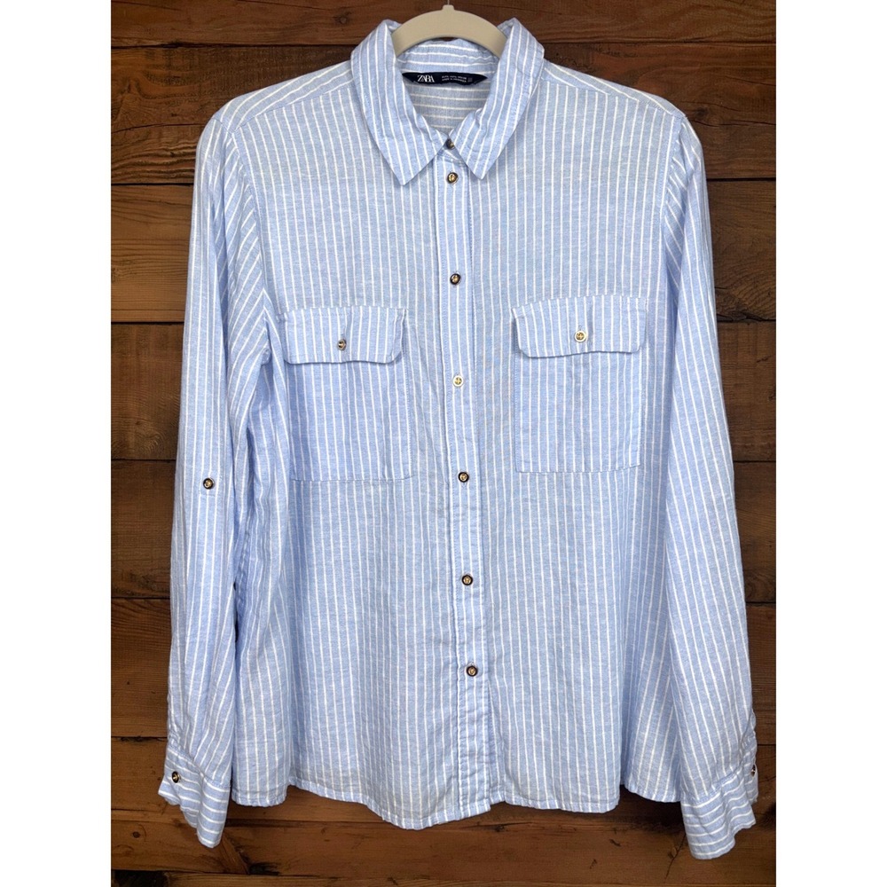 ZARA Linen Shirt Womens Large Striped Roll Tab Sleeve Button Front Pocket